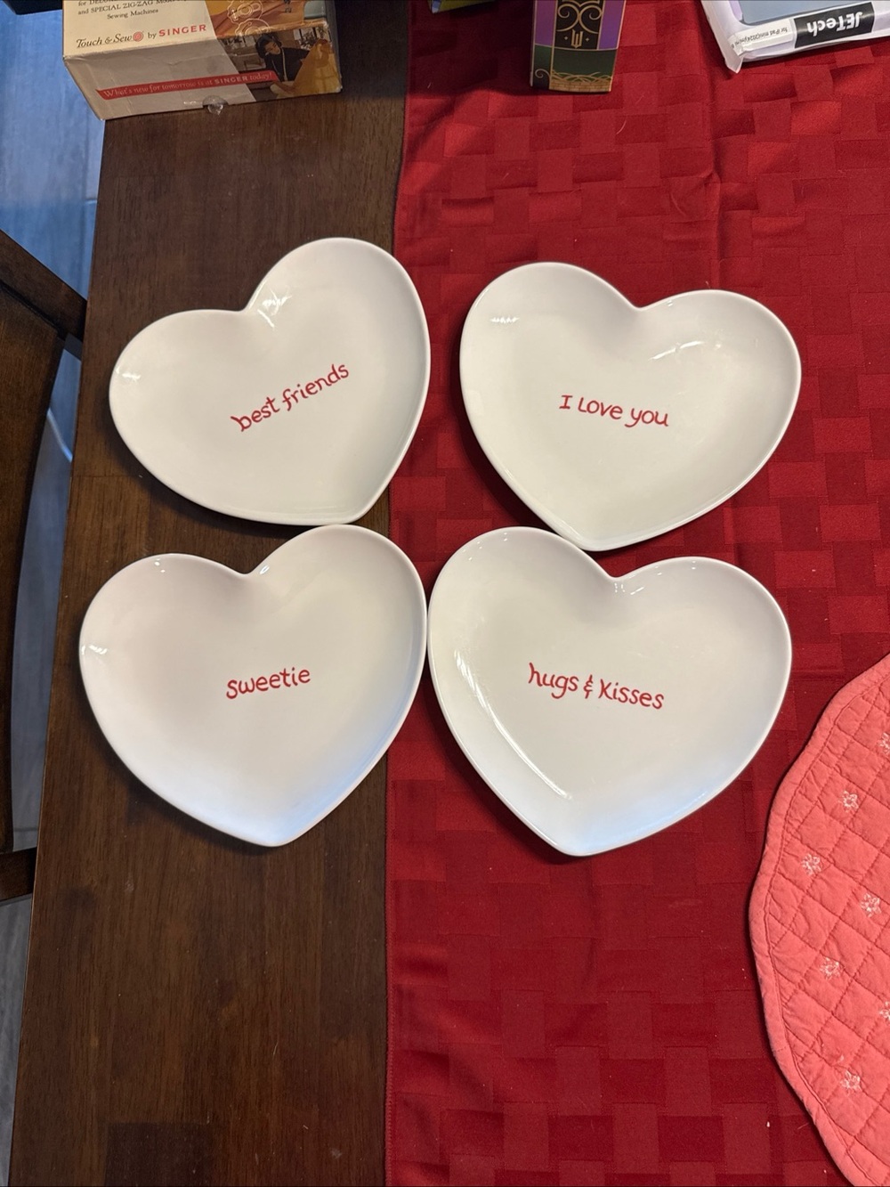 White Heart-shaped pottery barn  Dessert Plates with Red Script (Set of 4)